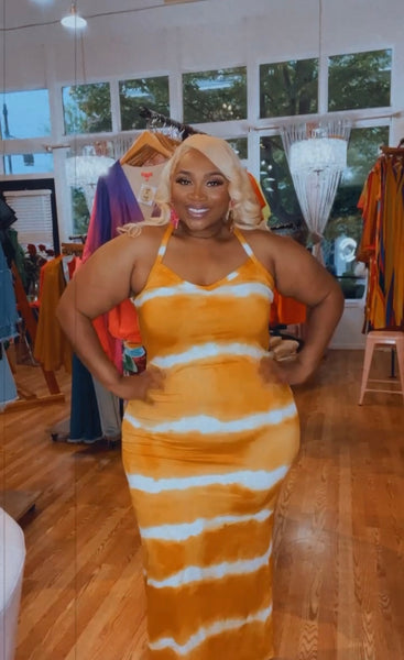 Mustard Stripe Tie-Dye Printed Maxi Dress