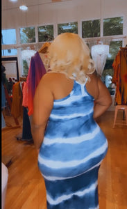 Blue Stripe Tie-Dye Printed Maxi Dress