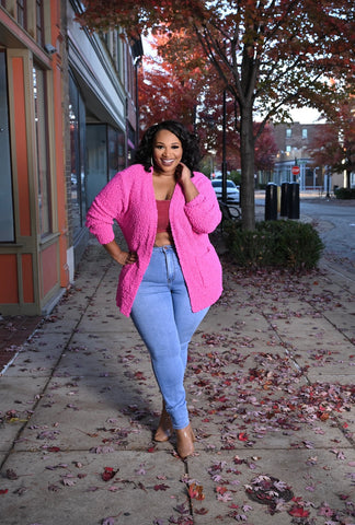 Neon Hot Pink Poppy Popcorn Sweater Cardigan
